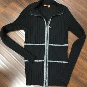 Black crystal & silver accent zip front sweater-Sm